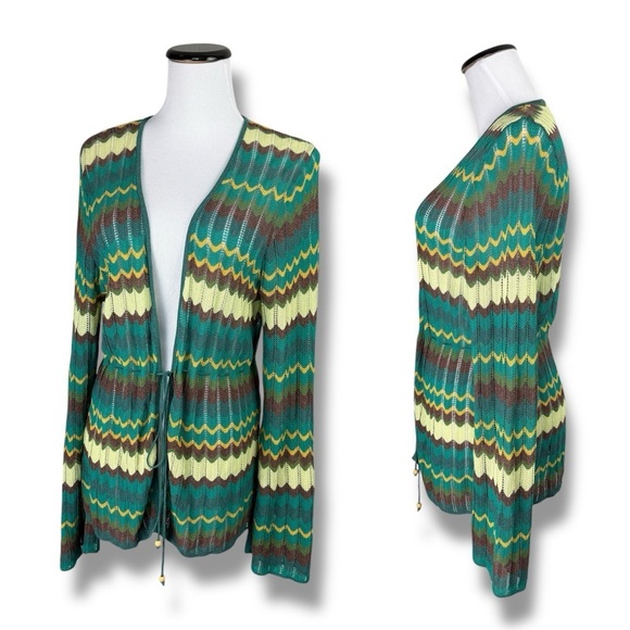 Y2K Boho Cardigan w/Tie Front & Wooden Beads L - Festival, Earthy, Green Brown - Picture 1 of 10